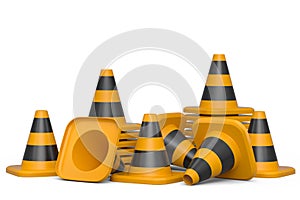 Set of safety helmets or hard hats and traffic cones, road sign on white