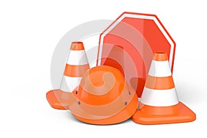 Set of safety helmets or hard hats and traffic cones, road sign on white