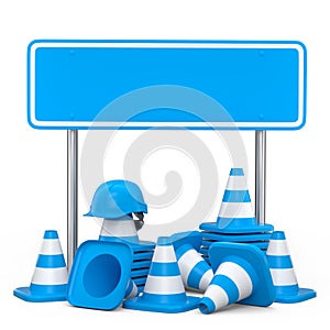 Set of safety helmets or hard hats and traffic cones, road sign on white