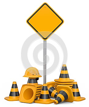 Set of safety helmets or hard hats and traffic cones, road sign on white