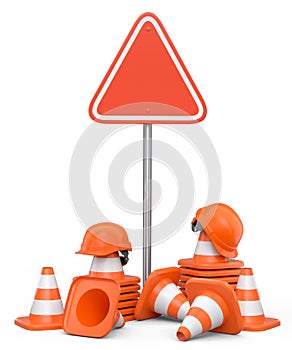 Set of safety helmets or hard hats and traffic cones, road sign on white