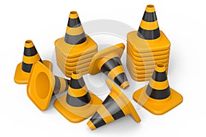 Set of safety helmets or hard hats and traffic cones, road sign on white