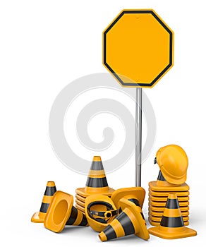 Set of safety helmets or hard hats and traffic cones, road sign on white