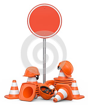 Set of safety helmets or hard hats and traffic cones, road sign on white