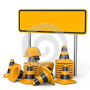 Set of safety helmets or hard hats and traffic cones, road sign on white