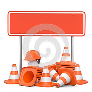 Set of safety helmets or hard hats and traffic cones, road sign on white