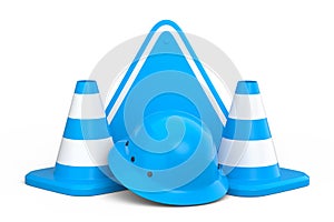 Set of safety helmets or hard hats and traffic cones, road sign on white