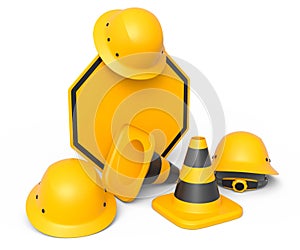 Set of safety helmets or hard hats and traffic cones, road sign on white