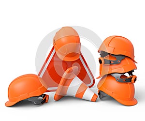 Set of safety helmets or hard hats and traffic cones, road sign on white