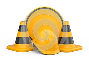 Set of safety helmets or hard hats and traffic cones, road sign on white