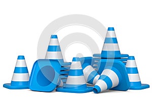 Set of safety helmets or hard hats and traffic cones, road sign on white