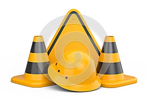 Set of safety helmets or hard hats and traffic cones, road sign on white