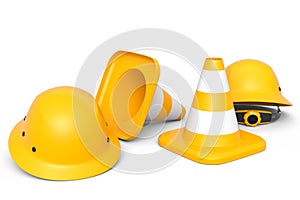 Set of safety helmets or hard hats and traffic cones on white background