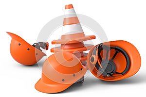 Set of safety helmets or hard hats and traffic cones on white background