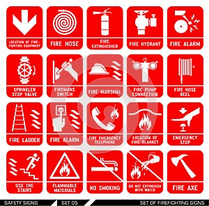 Set of safety signs. Firefighting icons.