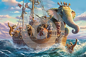 Set sail on the roaring waves of the Indian Ocean with a spirited crew of African animal pirates, animal pirate illustration