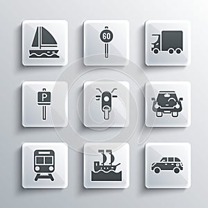 Set Sailboat, Hatchback car, Car, Scooter, Train and railway, Parking, Yacht sailboat and Delivery cargo truck icon