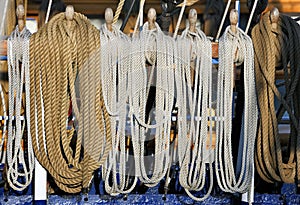 Sailboat ropes on the horns of ship