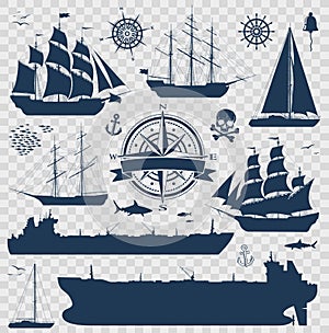 Set of sailing ships, yachts and tankers