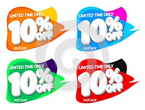 Set Sale 10% off bubble banners, discount tags design template, lowest price, vector illustration