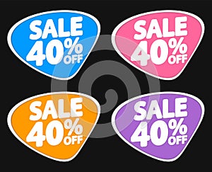 Set Sale 40% off banners, discount tags design template, lowest price, vector illustration