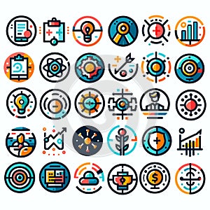 Set of sale analytics and target focused icons on white background.