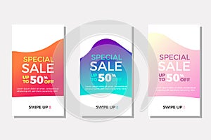 Set of sale banners with fluid geometric shapes perfect for instagram stories and other ads. Trendy modern vector template design