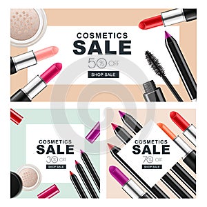 Set of sale banners with makeup cosmetics. Red lipstick, mascara, powder and cosmetic pencils.