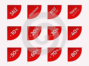 Set of sale corner label with discount offer. promotion red ribbon banner design. isolated vector image