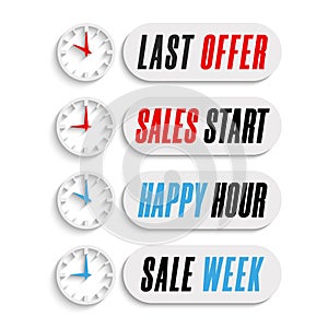 Set sale countdown 3d badges with clock. Last offer, sales week, happy hour, sale start promo stickers. Online marketing limited