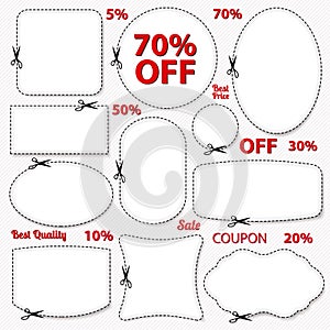Set: Sale Coupon, labels. Blank template, scissors