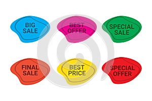 Set of sale / discount labels in blue, pink, green, orange, yellow and red colors.