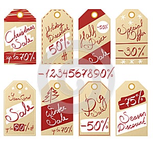 Set of sale and discount price tags on kraft paper with handwritten inscriptions