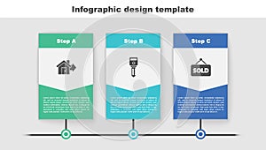 Set Sale house, House key and Hanging sign with text Sold. Business infographic template. Vector