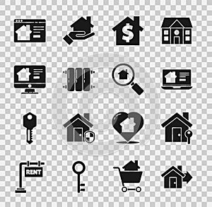 Set Sale house, House with key, Online real estate, dollar symbol, Heating radiator, and Search icon. Vector