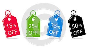 Set of sale labels 15, 25, 35, 50 percent discount, price tag. Flat design. Vector