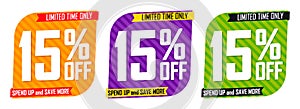 Set Sale 15% off banners, discount tags design template, promo app icons, vector illustration