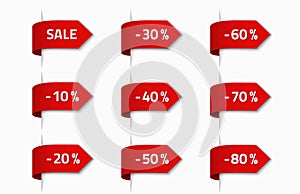 Set of sale red ribbon label with discount offer. promotion horizontal banner design