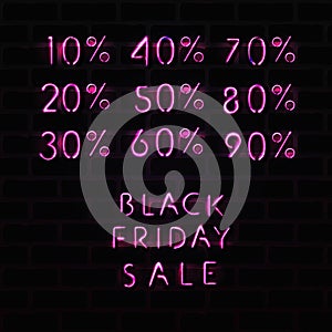 Set of sale signs neon frame light electric banners glowing on black brickwall background.Black friday Cyber monday 10