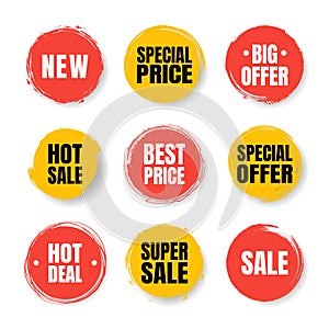 Set of sale tag tags. Grunge stamps, badges and banners. Premium quality guarantee, best seller, best choice, sale