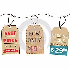 Set of sale tags. Retro style. Cardboard sale labels in vintage style. Discount badges set