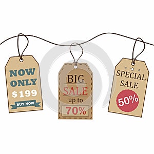 Set of sale tags. Retro style. Cardboard sale labels in vintage style. Discount badges set