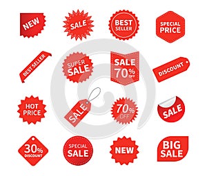 Set of sale tags. Ribbon sale banners. Red ribbon price and discount labels. Red starburst stickers. Vector