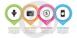 Set Sales funnel with arrows, Website template, Shield with dollar and Mobile phone with graph chart. Business