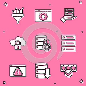 Set Sales funnel with chart, Browser setting, Server, Data, Web Hosting, Cloud computing lock, security, exclamation