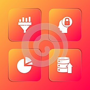 Set Sales funnel with chart, Human head lock, Pie infographic and Server, Data, Web Hosting icon. Vector