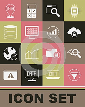 Set Sales funnel with chart, Search data analysis, Cloud computing lock, folder, Binary code, Server, Data and Pie