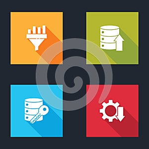 Set Sales funnel with chart, Server, Data, Web Hosting, security key and Cost reduction icon. Vector