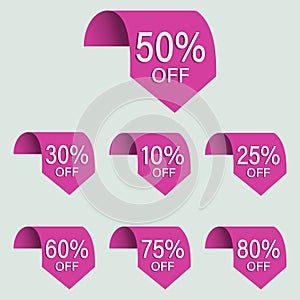 Set of sales tags set of icons, 10, 25, 30, 50, 60, 75, 80% discount on label symbols.