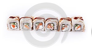 Set of salmon and eel rolls isolated on white, closeup